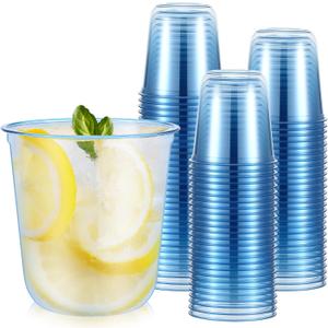 Ziliny 50 Pcs Disposable Stemless Glasses 12oz Crystal Plastic Wine Glasses Clear Classic Pet Cup for Meeting Weddings Birthdays Cocktail Christmas Party Supplies (Light Blue)