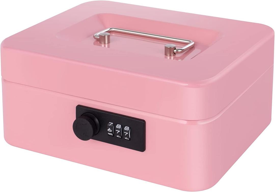 Goehiaul Cash Box with Combination Lock and Money Tray Metal Money Box for Cash Small Cash Box for Money Safe 7.87"x6.3"x3.54" Pink (Medium)