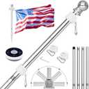 ZMTECH 5FT Flag Pole for Outside House with Solar Light, Tangle Free Stainless Steel Flag Pole Kit, 180 Adjustable Flag Pole Holder & Flag Holder Bracket, Silver (No Flag)
