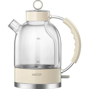 ASCOT Electric Kettle, Glass Electric Tea Kettle Boiler Gifts for Men/Women/Family 1.5L 1500W Borosilicate Glass Tea Heater, with Auto Shut-Off and Boil-Dry Protection (Cream)