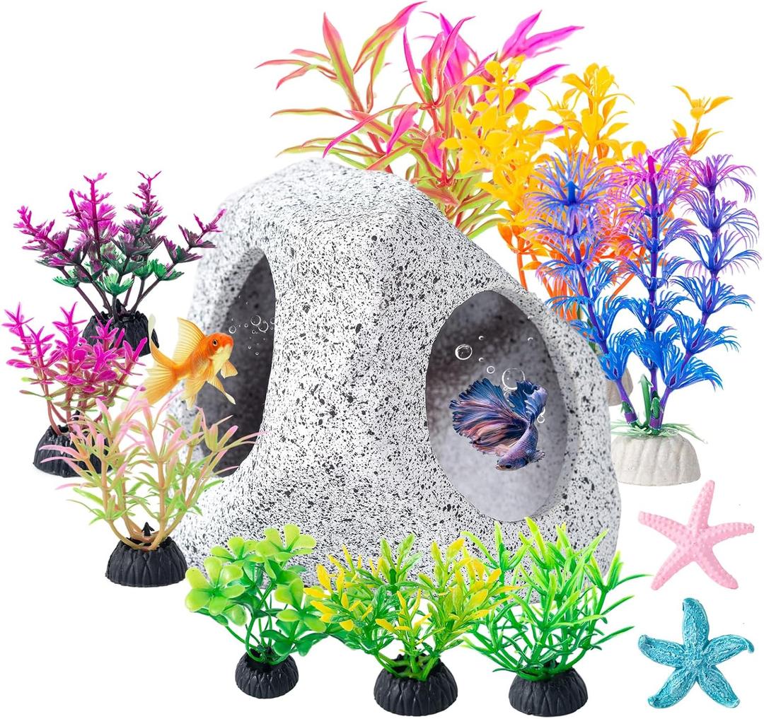 COMSUN 12 PCS Aquarium Decoration Cave Set, Ceramic Fish Tank Hideaway Rock Accessories, Colorful Plastic Aquarium Plants & Resin Starfish, Small Fish Tank Ornaments for Pet Fish to Hideout and Rest