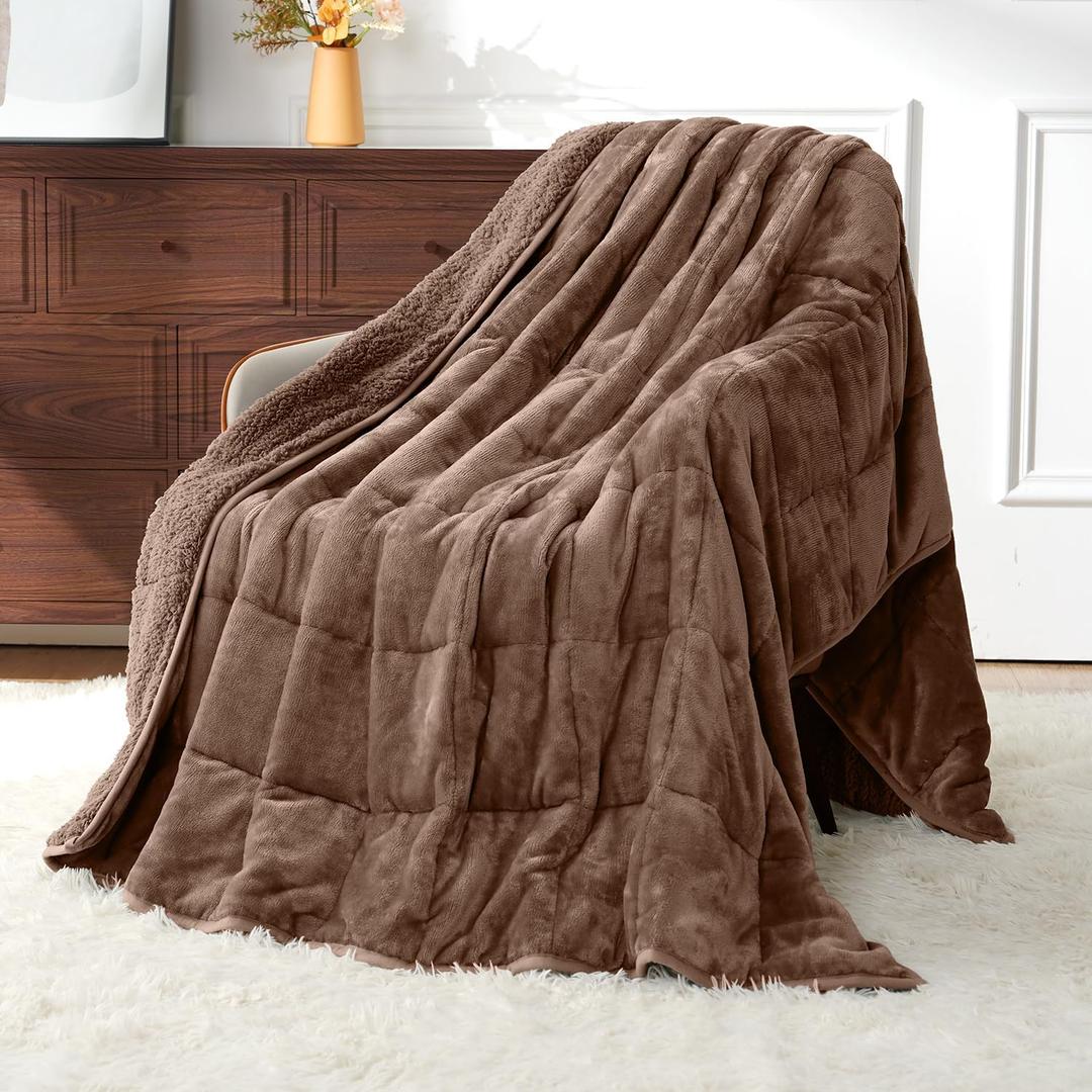 Uttermara Weighted Blanket Queen Size 15lbs 60x80 inches with Soft Plush Fleece, Cozy Warm Sherpa Snuggle Thick Heavy Blanket Great for Sleep and Calming, Brown