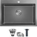 24 Inch Drop in Kitchen Sinks Black, 24x18 Inch Single Hole 18 Gauge Stainless Steel Single Bowl Kitchen Sink Topmount, D24"xW18"xH9"