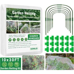 GonLei 10x30FT Garden Mesh Netting Kit Raised Beds (6 Pcs Garden Hoops & 18 Clips) Garden Hoops Plant Row Covers Netting Protection Berry Bush Trees Grass Seed Barrier Net (White)