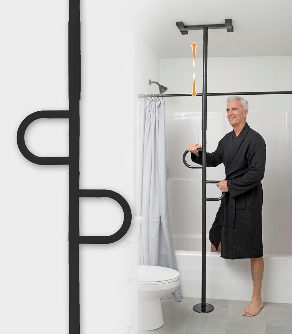 Stander Double Handle Non-Rotating Floor to Ceiling Grab Bar, No-Drill Tension Mounted Transfer Pole for Seniors, Bath Safety & Bedside Assist Rail for Home Standing Support & Fall Prevention, Black