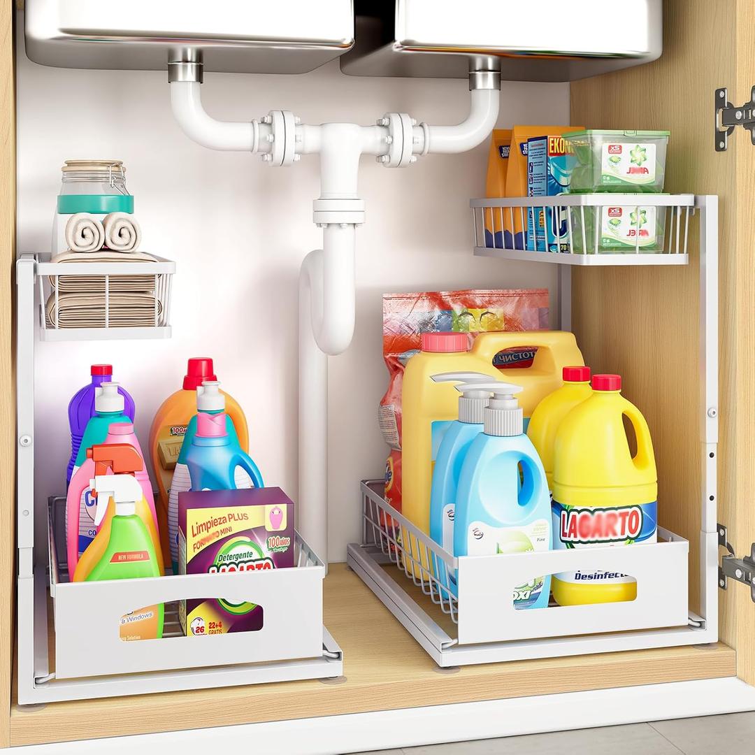 Under Sink Organizer, 2 Pack Height Adjustable Cabinet Organizer with Slide Out Drawer, Pull Out Under Sink Storage, Multi-Purpose 2 Tier Sink Shelves for Kitchen Bathroom Pantry