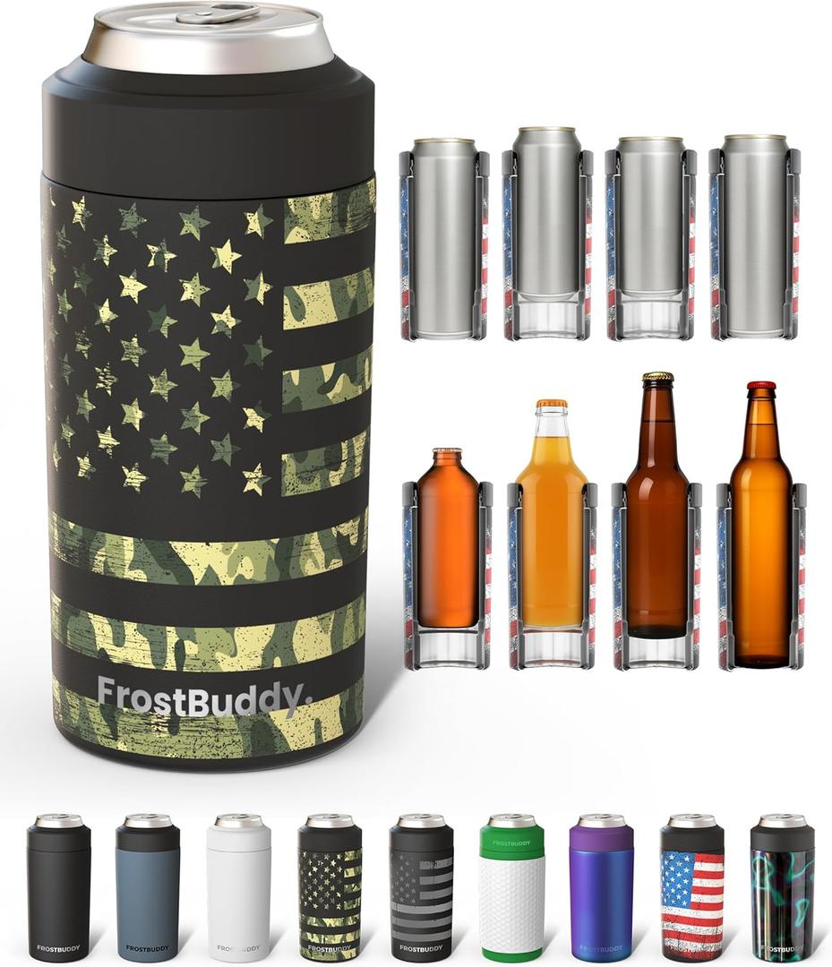 Frost Buddy Universal Can Cooler - Fits All - For Regular 12 & 16 oz or Slim-Size Bottles - Insulated Double-Walled Stainless Steel (Camoflag)