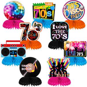 TaoBary 9 Pcs 70s Disco Party Decorations Back to 70s Honeycomb Centerpieces Colorful Disco Favors Boogie Centerpieces Cake Topper for Retro Theme Birthday Music Party Decorations Table Decor