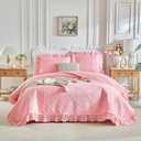 Ruffles Quilt Set Queen Size 96 * 96in - 3 Pieces Solid Shabby Chic Farmhouse Ruffled Bedding Rustic Coverlet Lightweight Fluffy Summer Oversized Bedspread with Shams for Women Men Pink