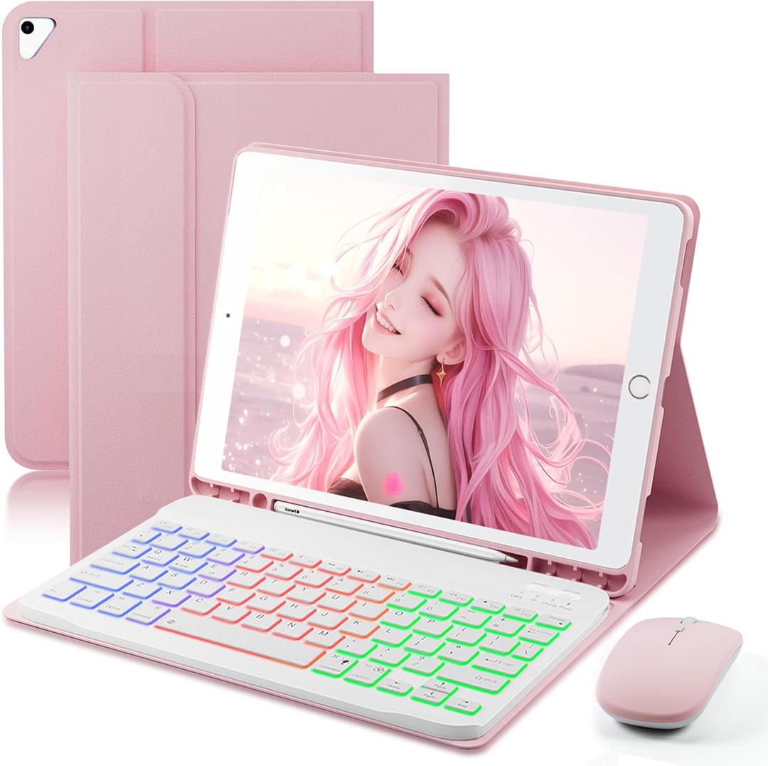 Keyboard Case for iPad 9.7 inch, iPad 6th (2018)/iPad 5th Gen(2017), iPad Pro 9.7(2016), iPad Air 2 (2014) - 7 Color Rainbow Change Backlit Magnetic Keyboard Built in Pencil Holder with Mouse - Pink