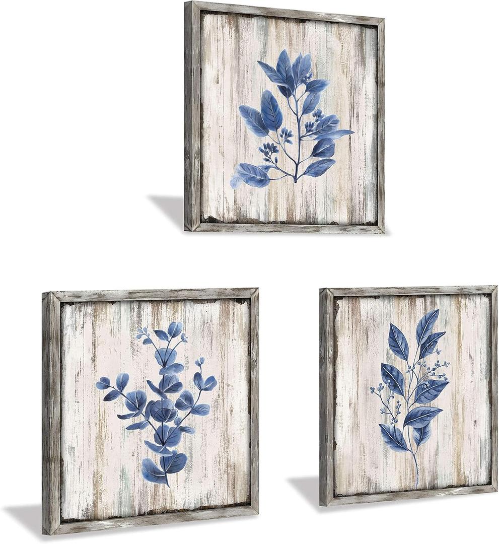 Leaves Wooden Wall Art Plant: Natural Botanical Print on Rustic Wood Artworks Painting Framed for Dinging Room (12x 12x 3 Panels)