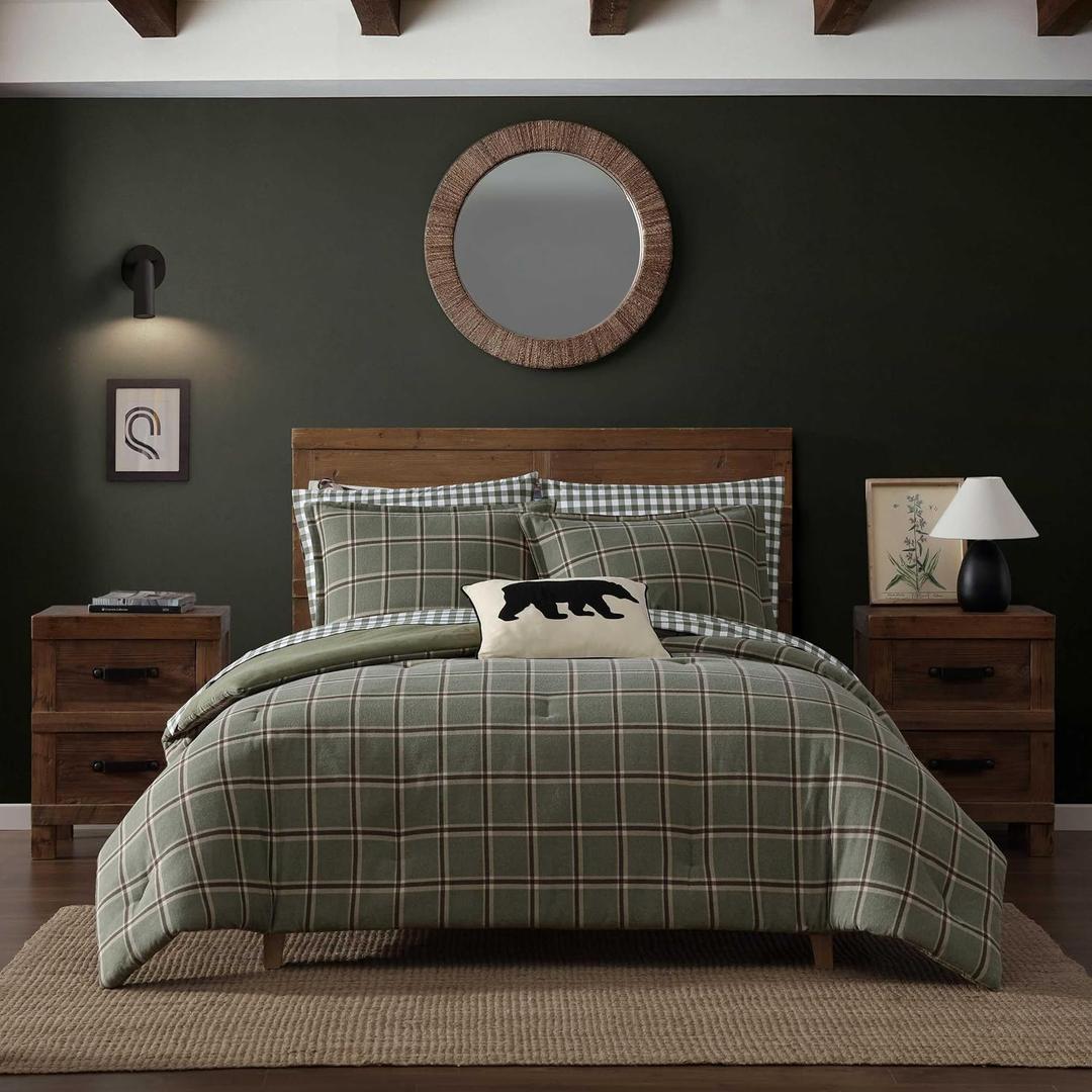 Eddie Bauer - Queen Comforter Set, Naturally Soft Cotton Flannel Bedding w/Matching Pillowcases, Medium Weight for Year Round Use, 3 Piece Bed Sets (Alpine Plaid Green)