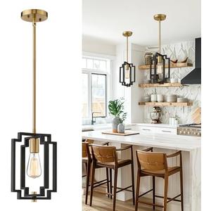 Emliviar Industrial Pendant Light, 1-Light Kitchen Hanging Light Fixture Adjustable, Black and Gold Finish, JE1981M1L BK+G