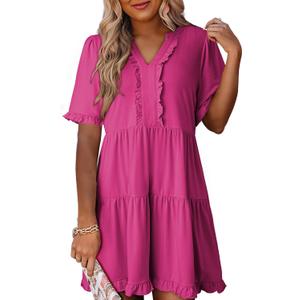 Dokotoo Womens Dresses 2025 Summer Spring V Neck Short Sleeve Casual A Line Flowy Swing Shift Dress Mini Dress (Medium, Rose Red)