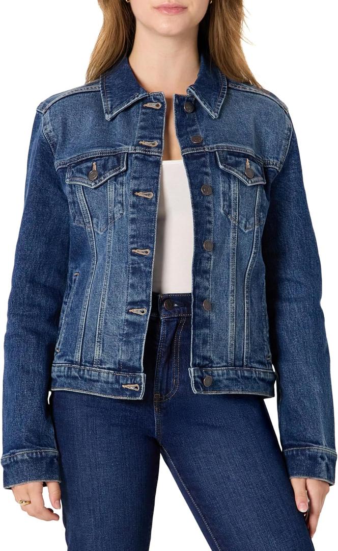 Amazon Essentials Women's Regular-Fit Low Stretch Denim Button-Front Trucker Jacket, Stone Dark Wash, Medium