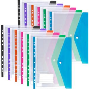 12 Pack Binder Pockets for 2/3/4 Ring Binder, Binder Folders with Snap Button and Label, Expandable Plastic Envelopes Binder Organizer Folders with 11 Holes for School Office Home (B - Side Open)