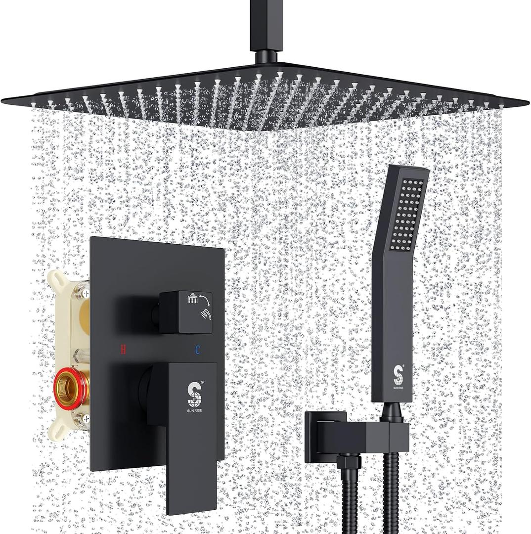 SR SUN RISE 16 Inches Matte Black Shower Set System Bathroom Luxury Rain Mixer Shower Combo Set Ceiling Mounted Rainfall Shower Head Faucet (Contain Shower Faucet Rough-In Valve Body and Trim)