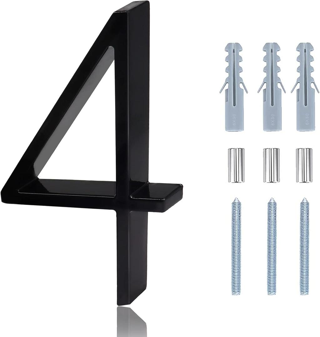 Modern House Numbers - 5 Inch Floating House Numbers With Nail Kit And Instructions Easy To Install, High Gloss Black Number 4