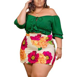 Women Plus Size Skirt Two Piece Outfit Short Sleeve Off The Shoulder Crop Top shorts Dress Suit Set (X-Large, Green)