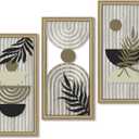 Putuo Decor Boho Abstract Wall Art, Set of 3, Modern Geometric Botanical Wooden Wall Decor, Mid-Century Minimalist Framed Artwork, Neutral Toned Aesthetic Prints, for Living Room, Bedroom, Office (Caramel)