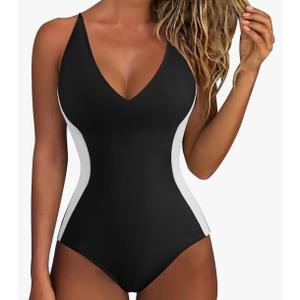 SUUKSESS Women One Piece Swimsuit Slimming Tummy Control Deep V Neck Bathing Suit, L