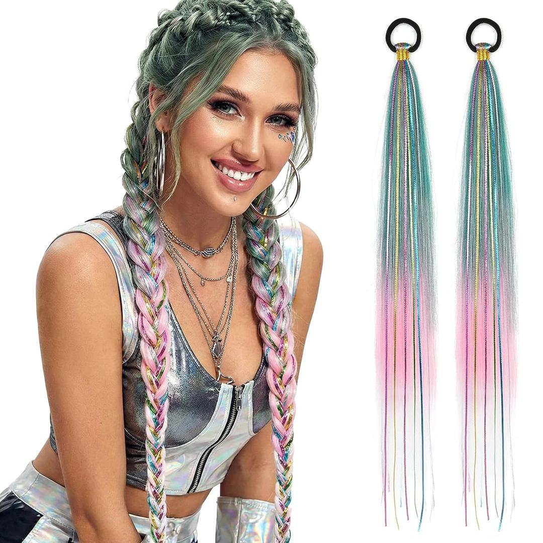 26" Colored Braid Ponytail Extension 2 Pack,Synthetic Straight Braid Hair with Elastic Tie,Mixed Tinsel Ombre Braiding Ponytail for Women Girls Wacky Hair Day,Cosplay & Holiday Hairstyles (Green-Pink-White)