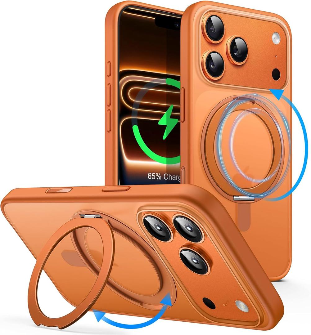 360 Degree Rotatable Ring Bracket Clear Magnetic Phone Case for iPhone, Compatible with MagSafe (Orange,iPhone 17 Pro)