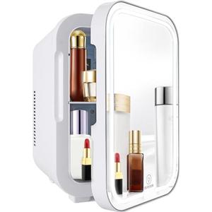 Mini Fridge with Mirror Door & Adjustable LED Lights - 8L Cosmetic Skincare Fridge for Bedroom,Dorm,Mini Car Refrigerator Portable Quiet Cooling,Gift for Women