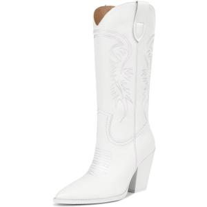 ISNOM Cowboy Boots Cowgir Boots for Women, Pointed Toe Chunky Heel Western Boots (8.5, Matte White)