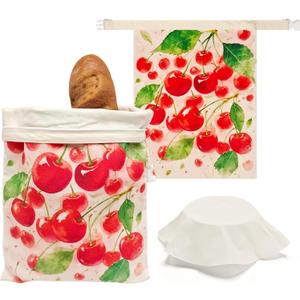 Beeswax Bread Bags for Sourdough 2 Pack 13"x17" Eco-Friendly Reusable Linen Cotton Storage Bags with Zipper Closure for Homemade Bread Fresh-Keeping, Freezer-Safe (Cherries)