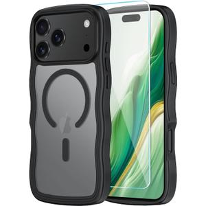 SunStory Compatible with iPhone 17 Pro Case with HD Screen Protector, [Compatible with MagSafe] Cute Wave Translucent Matte Phone Case for iPhone 17 Pro (Black)