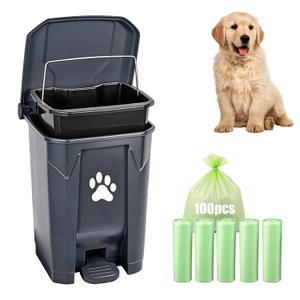 Dog Poop Trash Can for Outdoors, Dog Waste Trash Can for Yard Garden Home with Lid Removable Inner Bin, 100PCS Green Waste Bag, Grey Fully Assembled