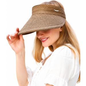 Women's Wide Brim Sun Hat Straw Sun Visor Hat, Natural Straw, Visor Cap UPF 50 Protection, Foldable Beach Hat with Ponytail (Brown)