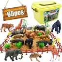 BOLZRA 65PCS Safari Animals Figures Toys, Realistic Plastic Jungle Zoo Wild Animals with Fence Building Blocks Storage Box Christmas Birthday Gift for Kids 3-8