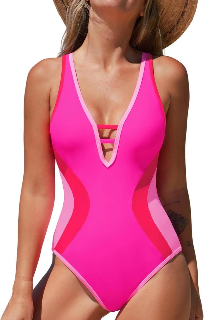 popvil One Piece Swimsuit for Women 2026 Neon Color Block Bathing Suit Deep V Neck Swimsuit Slimming Adjustable Swimwear