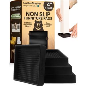CasterMaster Non-Slip Furniture Pads Square Rubber Anti-Skid Caster Cups, Anti-Sliding Floor Protectors for Furniture (Black, 4'' x 4'' (Pack of 4))