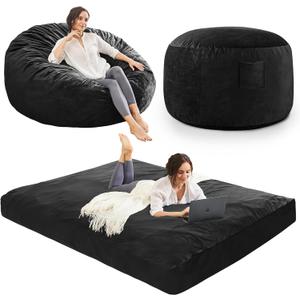 Bean Bag Chairs for Adults - Giant Bean Bag Chair Convertible Bean Bag Bed - Beanbag Chair with Micro Fiber Cover/Furniture Foam Filler - Floor Couch Sofa in Bedroom Dorm Room - Queen Carbon Black