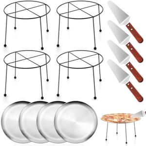 Yiyiring 12 Pcs Pizza Stand Set: 4 Metal Stands, 4 Pizza Pans, 4 Spatulas for Weddings, Party(Silver,Round with Legs)