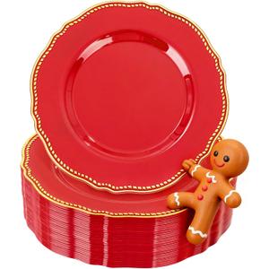 Hioasis 60pcs Red Plastic Plates - Red and Gold Disposable Dinnerware with Gold Rim, Heavy-duty, 7.5 inch, Dessert Plates for Party & Christmas