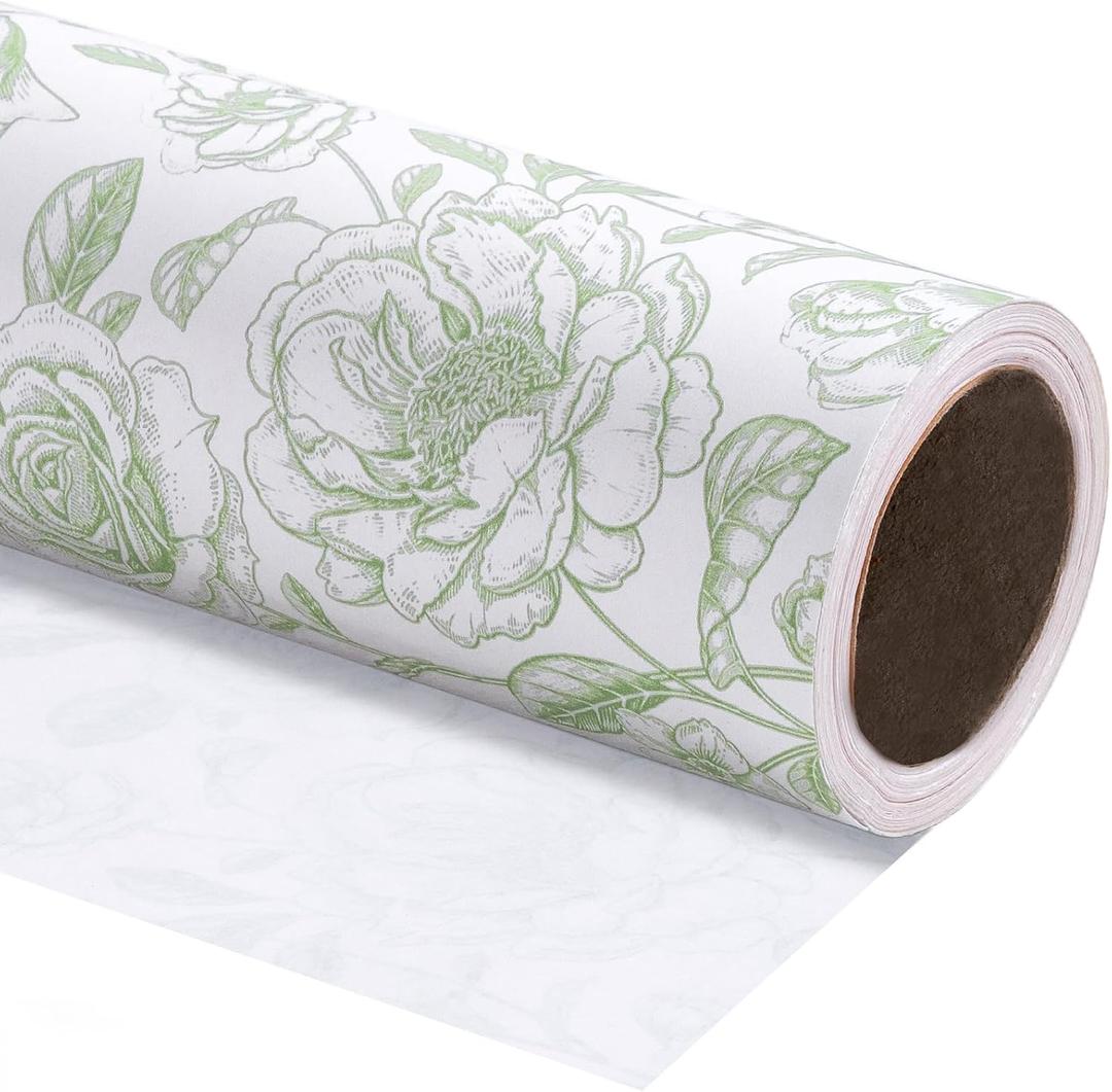 WRAPAHOLIC 30 Inch Kraft Floral Wrapping Paper Roll - 30 Inch x 33 Feet - Vintage Toile Green Floral Paper for Birthday, Bridal Shower, Wedding, Baby Shower