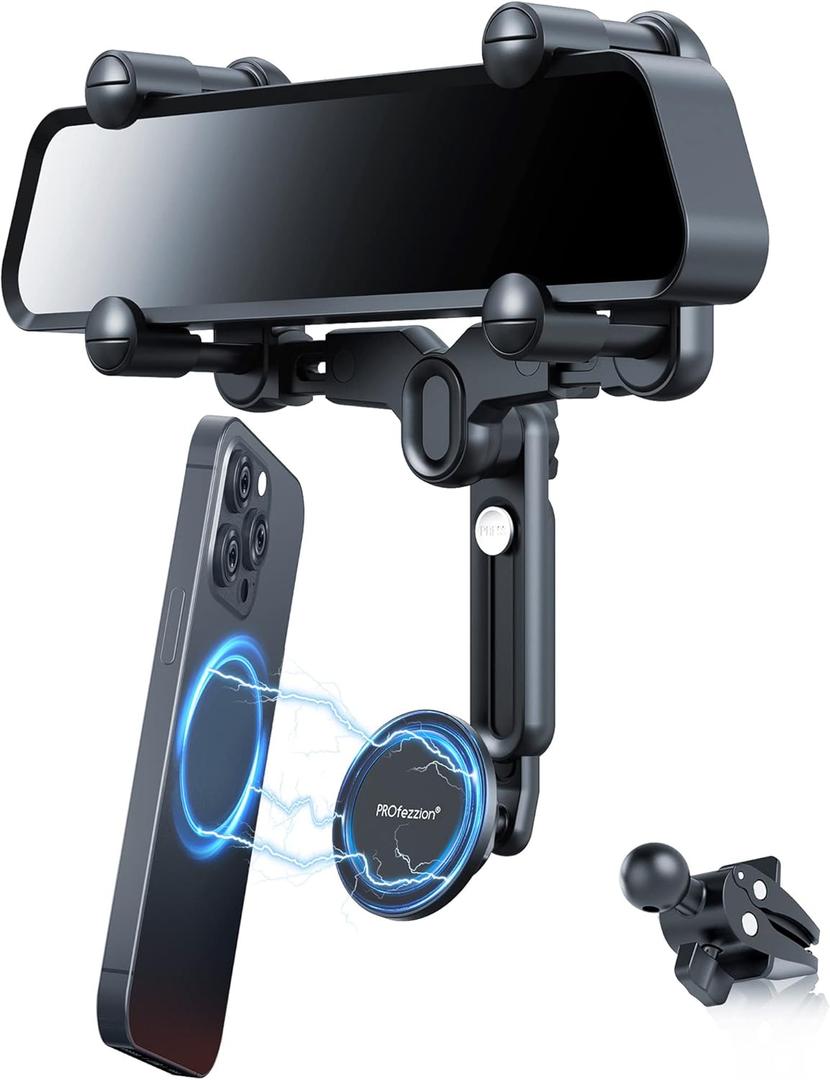 PROfezzion Rearview Mirror & Vent Clip Combo Magnetic Phone Holder Compatible with MagSafe on Car Rear View Mirror for iPhone 17 16 15 14 13 12 Pro Max Plus, MagSafe Case & All Phones [No Vibrating]