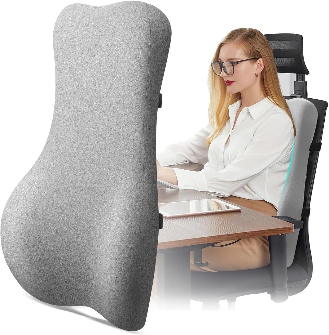 High Back Support Pillow for Office Chair Fully Support Entire Back for Pain Relief and Comfort - Memory Foam Lumbar Support Pillow for Office Chair,Computer,Recliner (Light Gray)