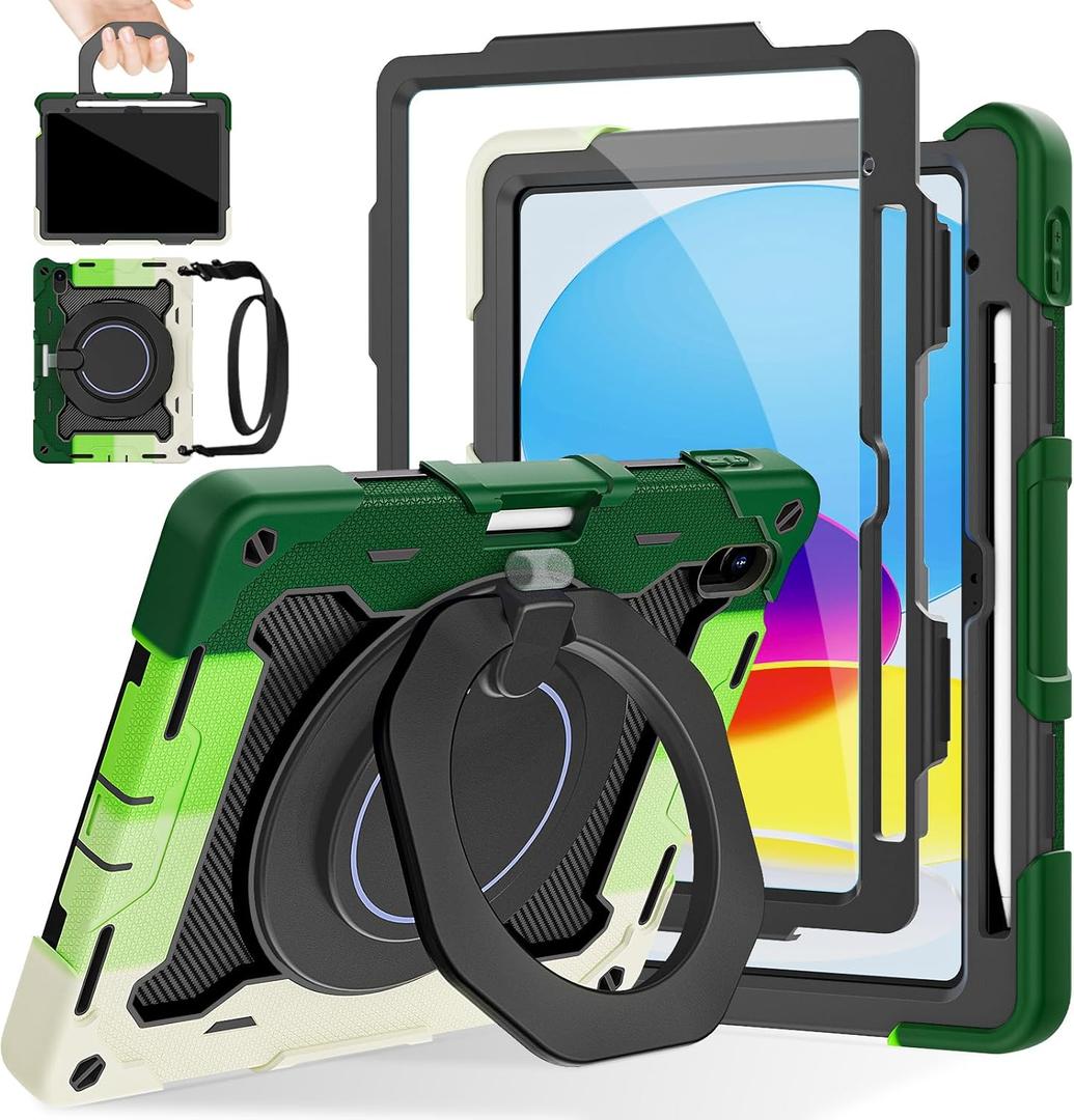 ROISKIN Case for iPad A16 11th Generation 11 Inch 2025, iPad 10th Generation Case 10.9" for Kids with Screen Protector,360 Kickstand & Handle,Pen Holder,Shoulder Strap,Heavy Duty Drop Protection (Black-Green)