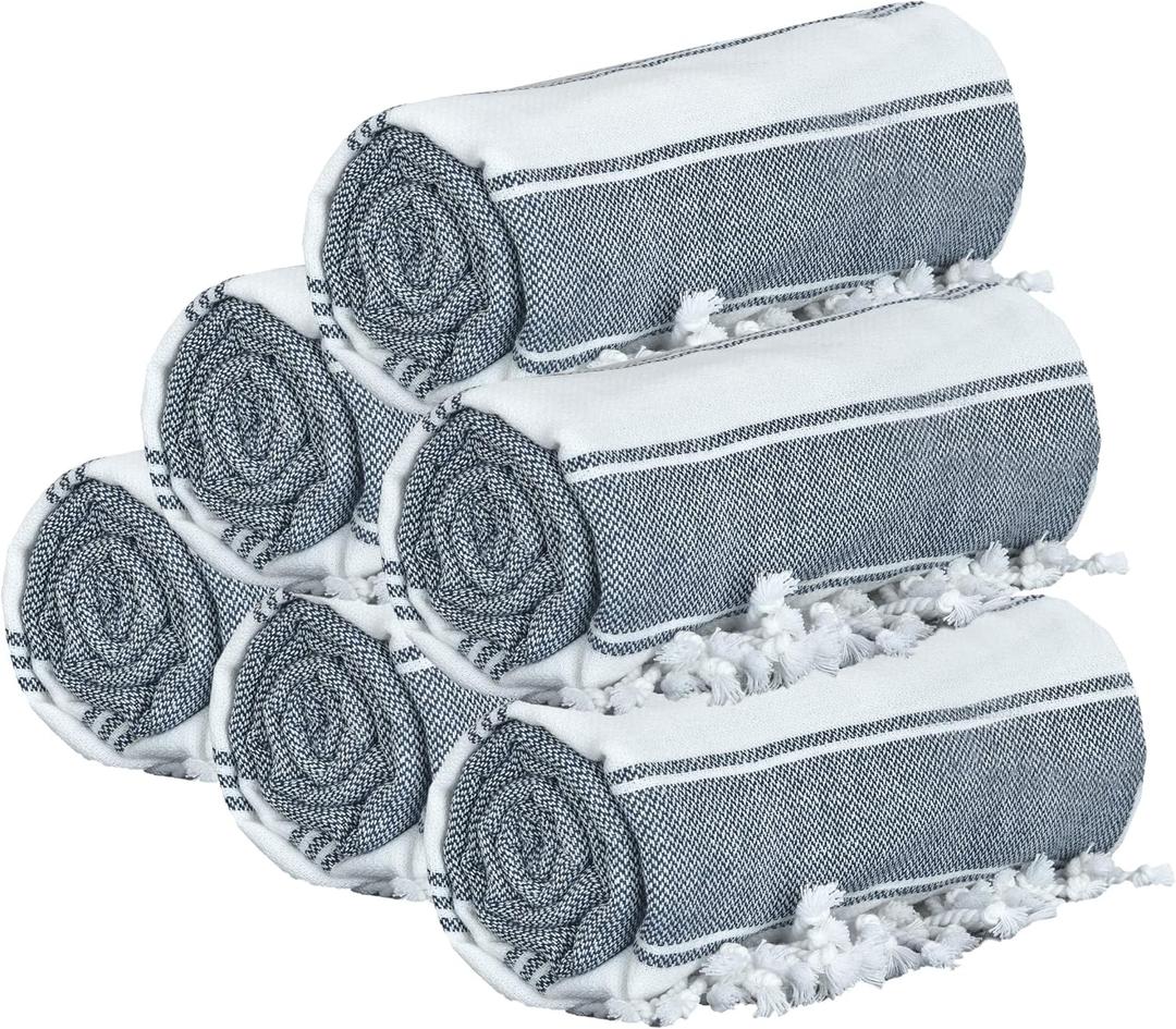 GLAMBURG Peshtemal Turkish Beach Towel Cotton Oversized 36x71 Set of 6 for Adults, Soft Durable Absorbent Extra Large Hammam Bath Sheet - Navy Blue
