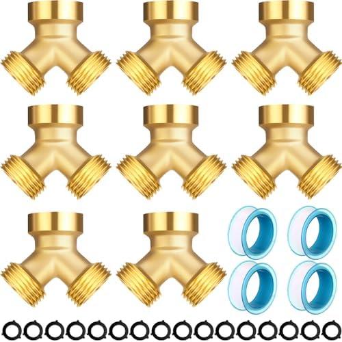 JaGely 8 Pack Garden Hose Splitter 2 Way Heavy Duty Brass Hose Spigot Adapter Y Valve Garden Hose Connector 3/4" Inch Thread Splitter Adapter with 16 Rubber Hose Washers