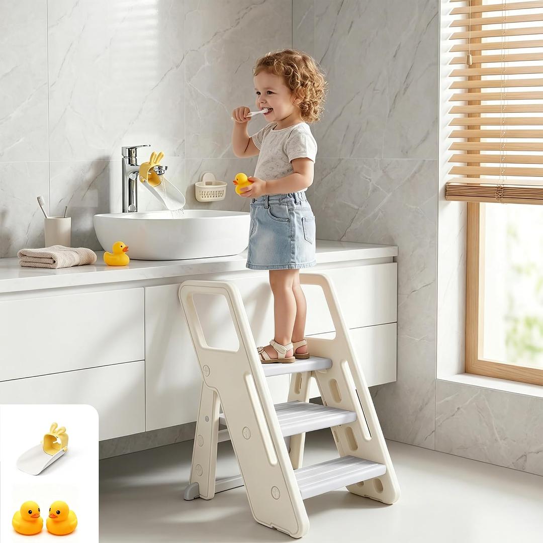 Toddler Step Stool, Foldable 3 Step Stool for Toddlers with Handles
Non-Slip Kids Standing Stool for Bathroom Sink, Kitchen Counter & Potty Training, Adjustable Plastic Stool Helper