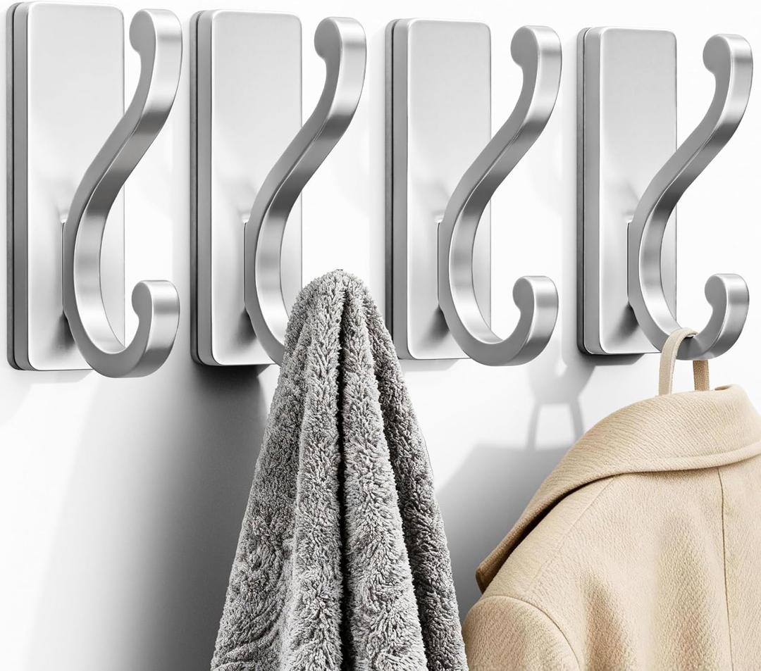 4 Pack Coat Hooks for Hanging - Silver Self Adhesive Hooks Wall Mount for Clothes, Towel and Robe, Sticky Hooks for Door, Kitchen, Bathroom, Shower, Rental Houses, Hold 13lbs.