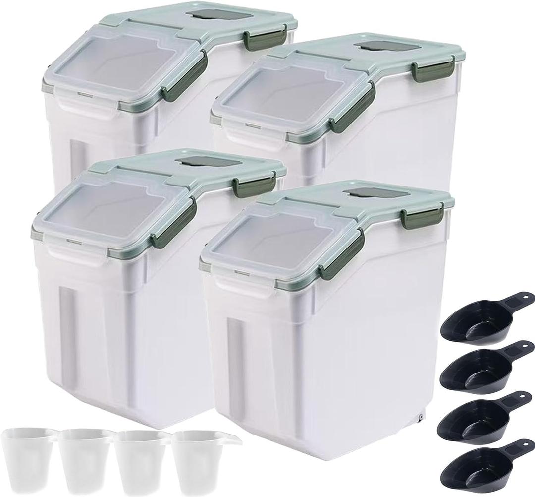 RUIAN Large Airtight Storage Container,25lb Flour Rice Storage Containers Bin with Wheels Seal Locking Lid, with Measuring Cup&Scoop for Flour, Rice, Grain100LBS Total(Green, 4PCS)