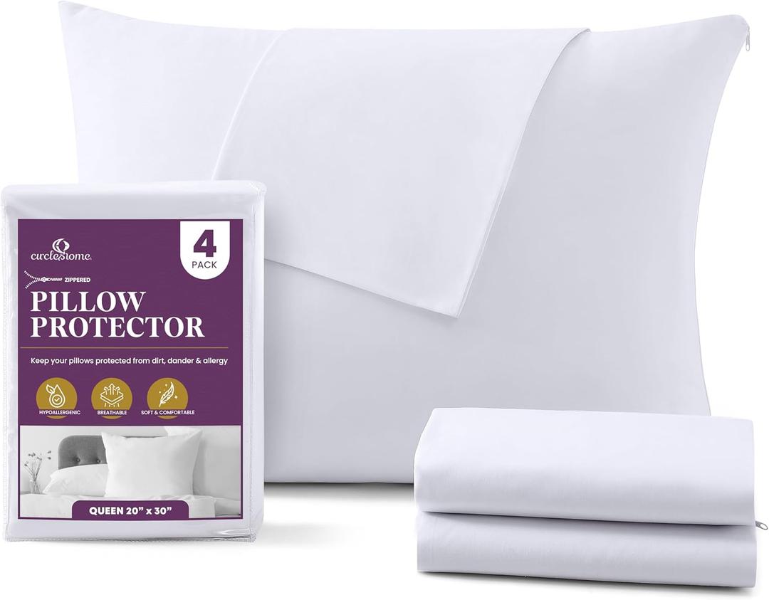 CirclesHome Pillow Protectors 4 Pack Queen Zippered - 100% Cotton Breathable Pillowcases - Protects Pillows from Dirt, Dust and Debris (Queen- Set of 4 - 20x30)