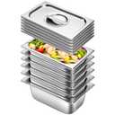 Hotel Pan with Lids 6 Pack 1/4 Size 4" Deep Stainless Steel Steam Table Pan, Commercial Food Pans for Catering Buffet Chafing Dish Pans Metal Steam Tray (1/4 Size x 4 Inch Deep, 6 Pack)